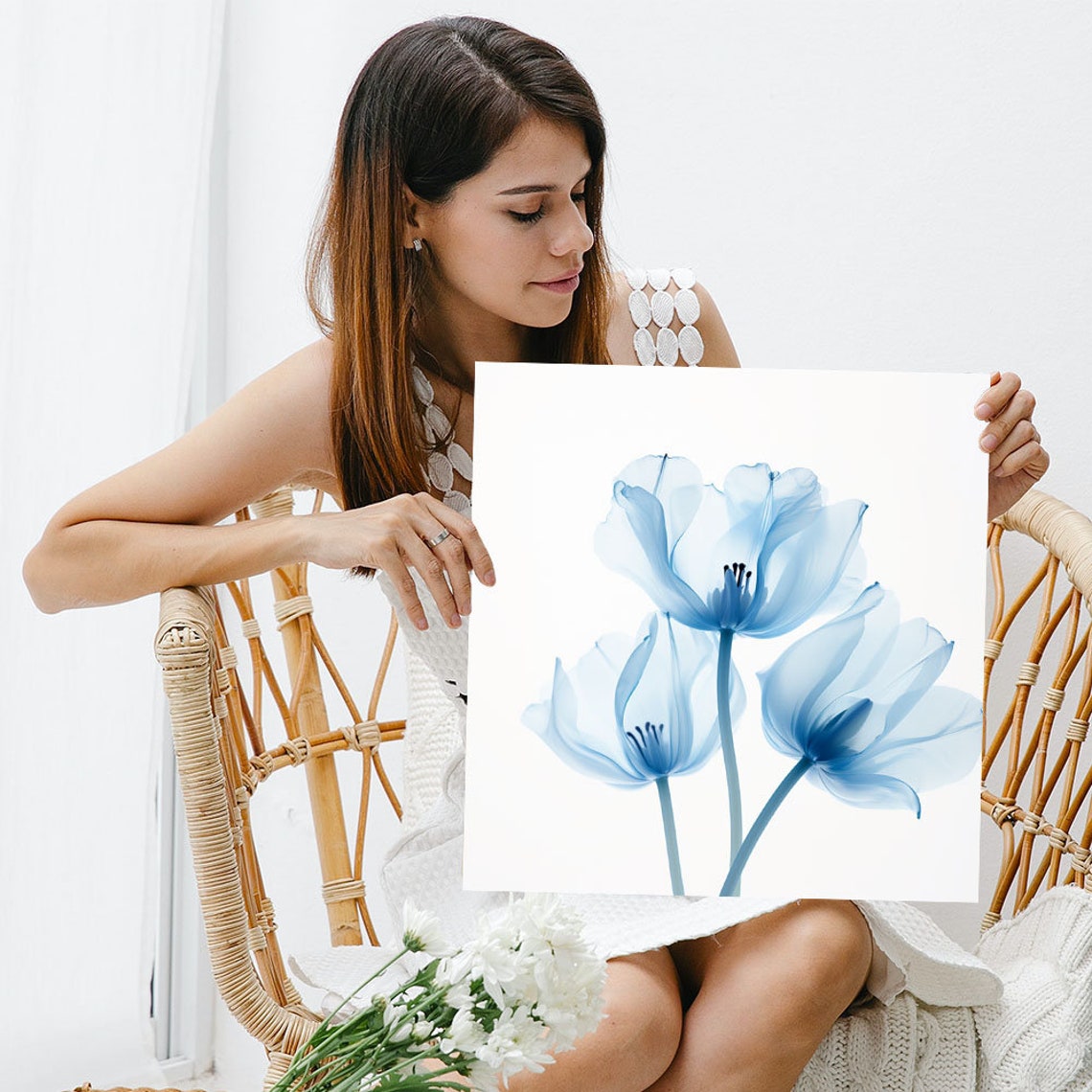 Translucent Blue Blossom Trio Delicate Watercolor Floral Art Poster - Image 3