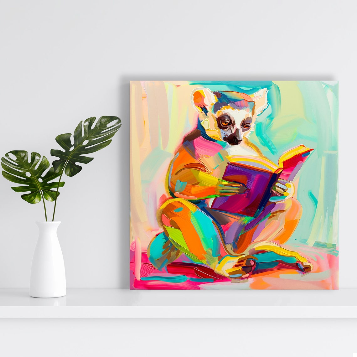 Lemur Reading a Book Colorful Painterly Nursery Animal Bookworm Poster - Image 2