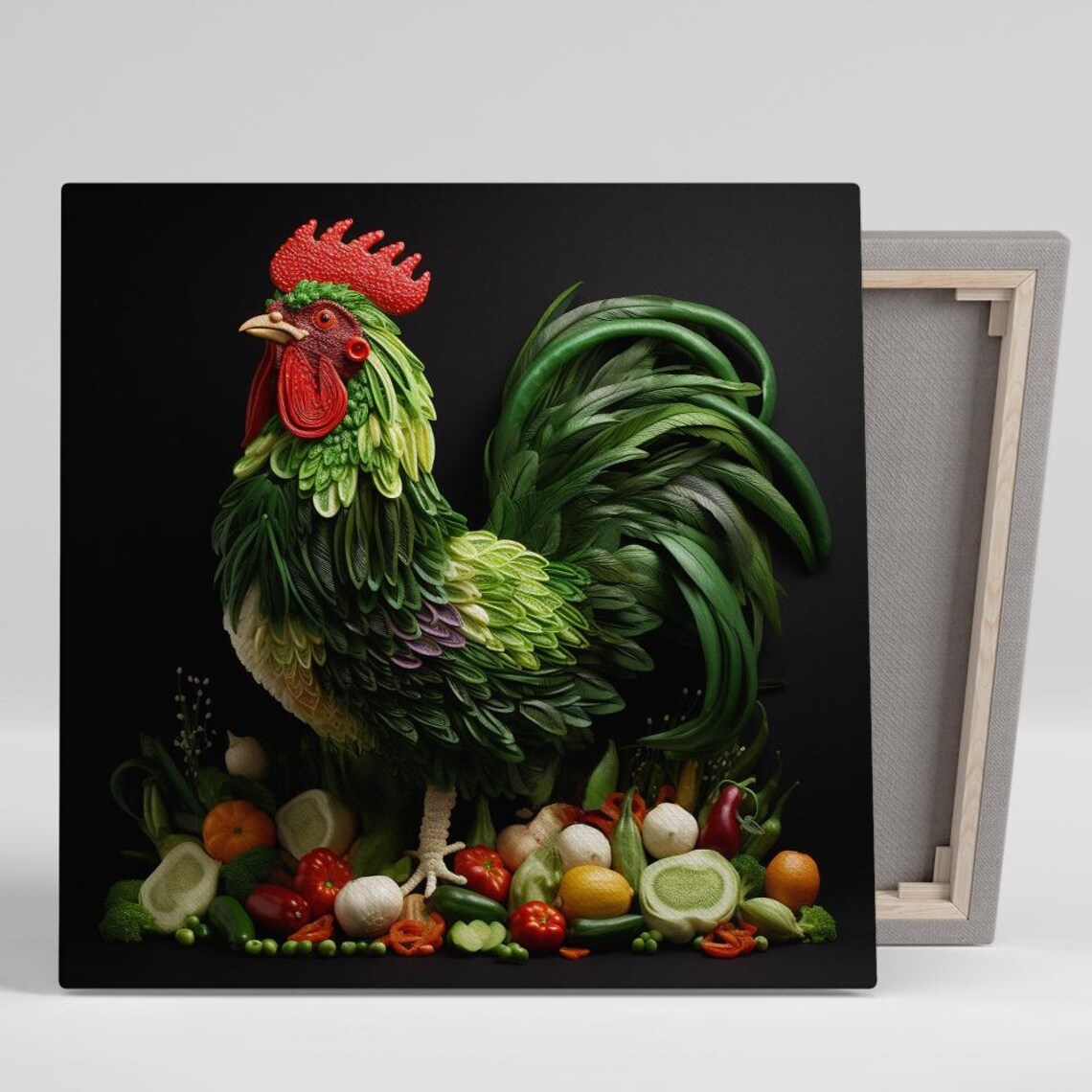 Rooster Made Of Vegetables Surreal Food Art Portrait On Black Poster