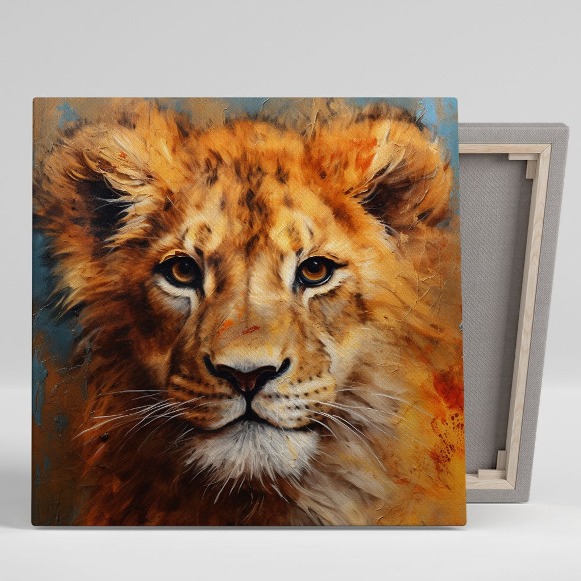 Lion Cub Face Golden Oil Painting Warm Wildlife Portrait Poster