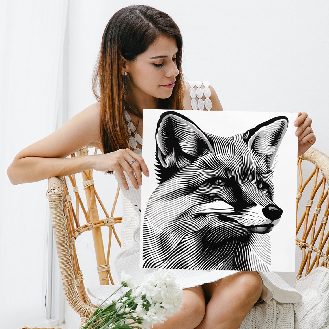 Fox Face Line Art Engraving Black White Minimalist Animal Portrait Print - Image 3