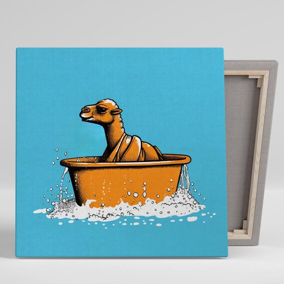Bathing Camel Splash Art Or Poster Whimsical Animal Decor Bathroom Childrens Room Living Room Office Wall Art Orange Blue White