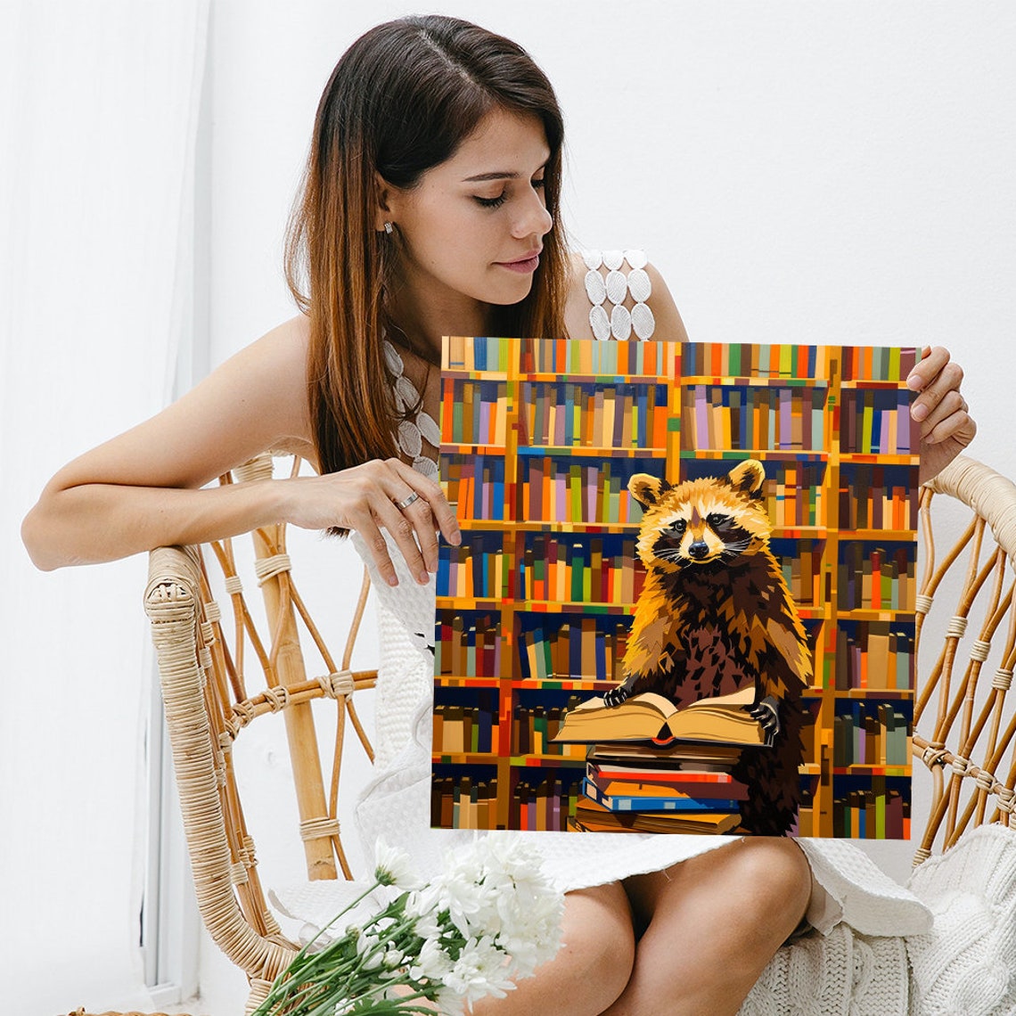 Raccoon Reading Stack of Books Library Lover Home Decor Poster - Image 3