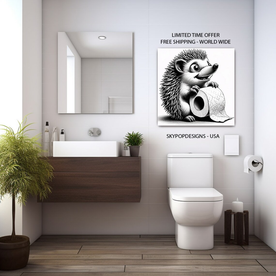 Adorable Hedgehog Holding A Toilet Paper Roll Black And White Cute Wall Poster - Image 2