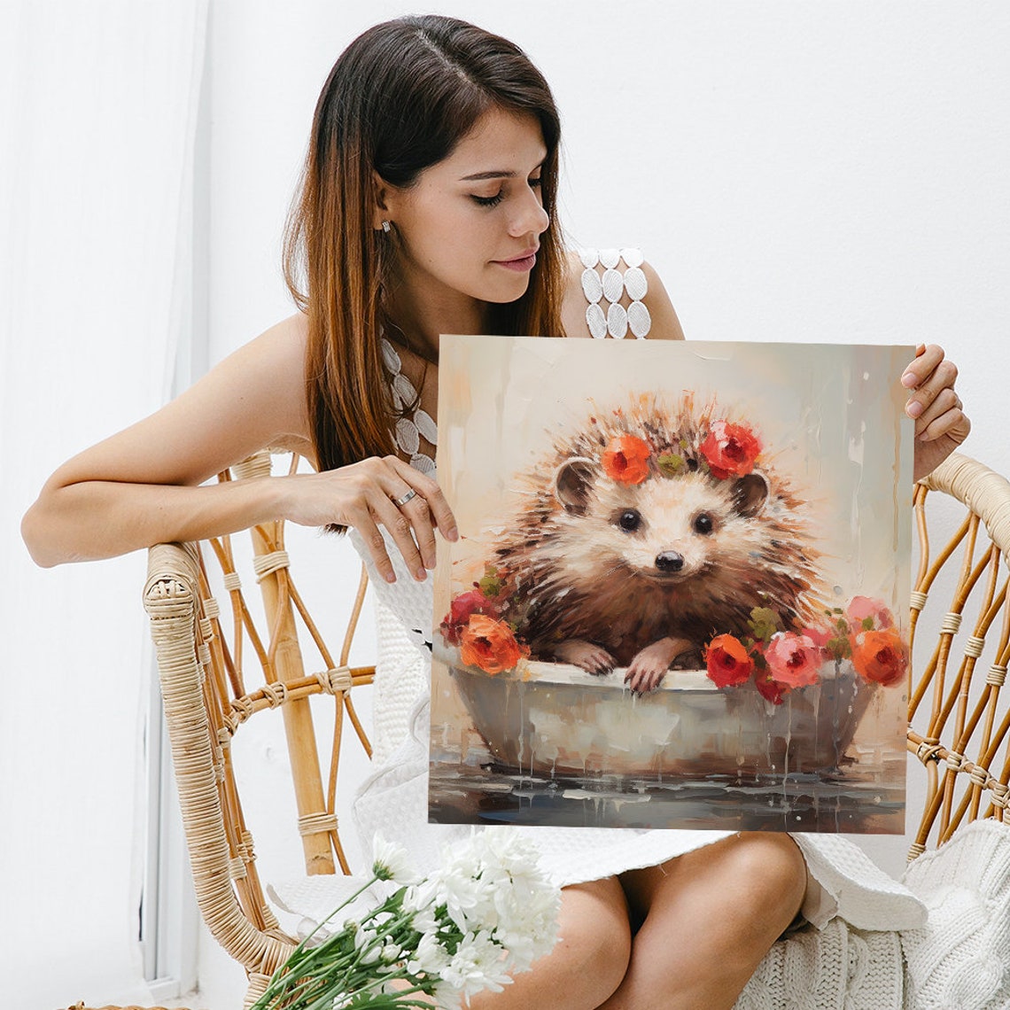 Hedgehog Flower Bath Cute Floral Bohemian Nursery Wall Art Print - Image 3