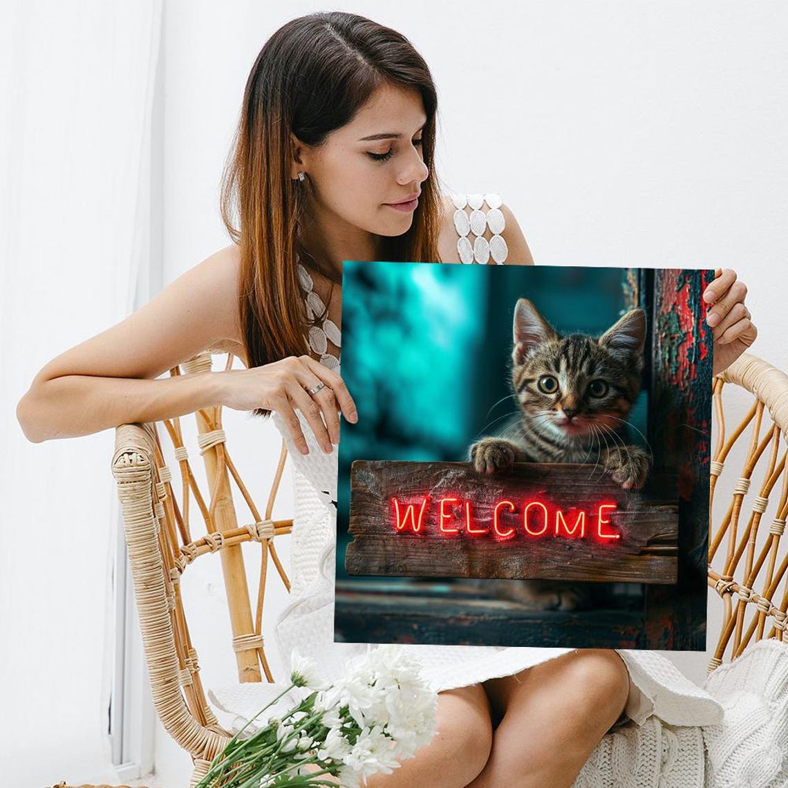 Kitten Holding Neon Welcome Sign Rustic Teal Entryway Warm Wall Poster - Image 3