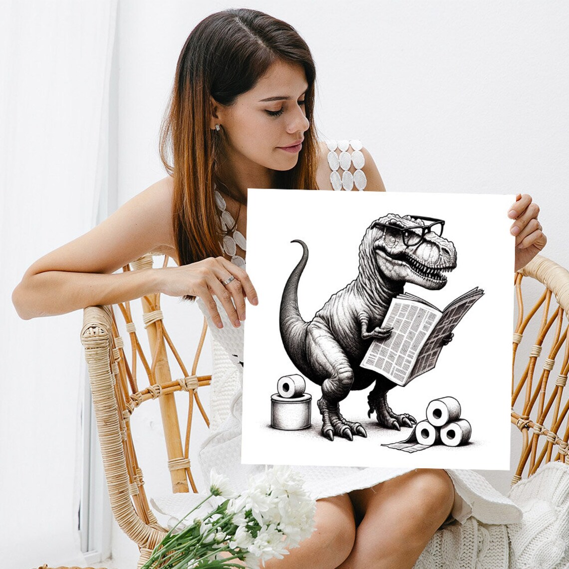 Dinosaur Reading Newspaper, Funny Bathroom Decor - Image 3