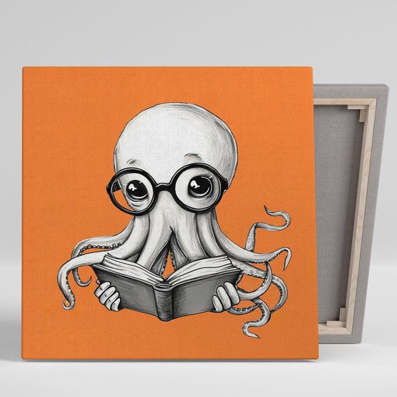 Scholarly Octopus Art Or Poster Whimsical Modern Decor Library Office Childrens Room Wall Art Black White Orange Colorful Print