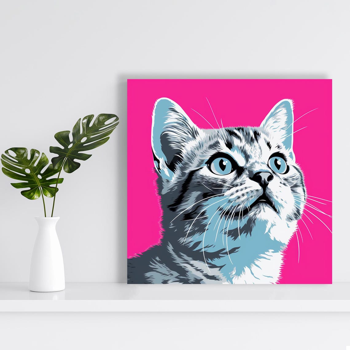 Pop Art Cat Portrait On Hot Pink Background Bold Feline Wall Poster - Image 2
