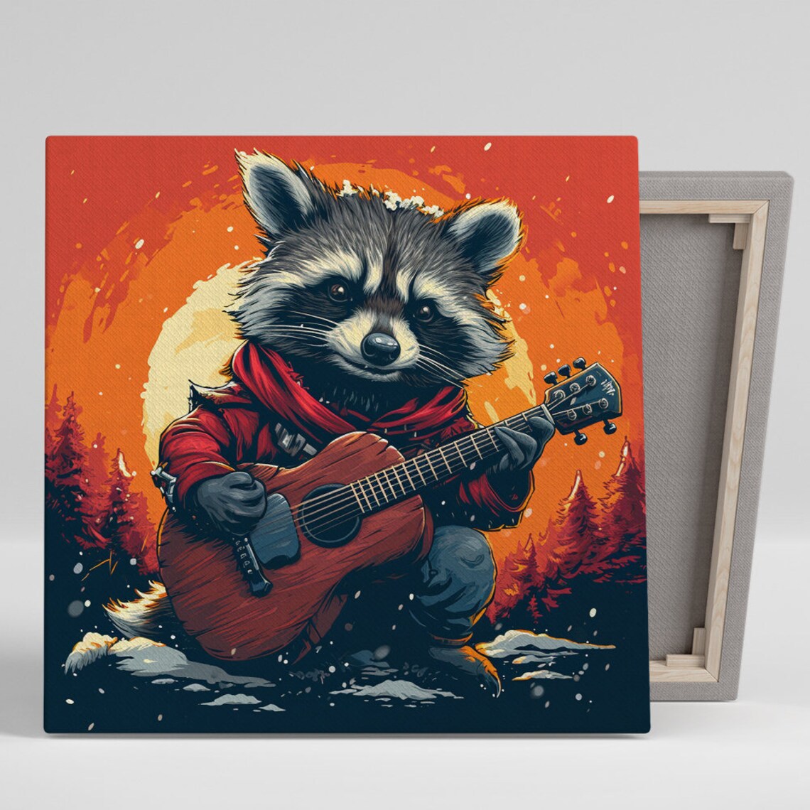 Rocking Raccoon Guitar Snowy Sunset Whimsical Music Room Decor Poster