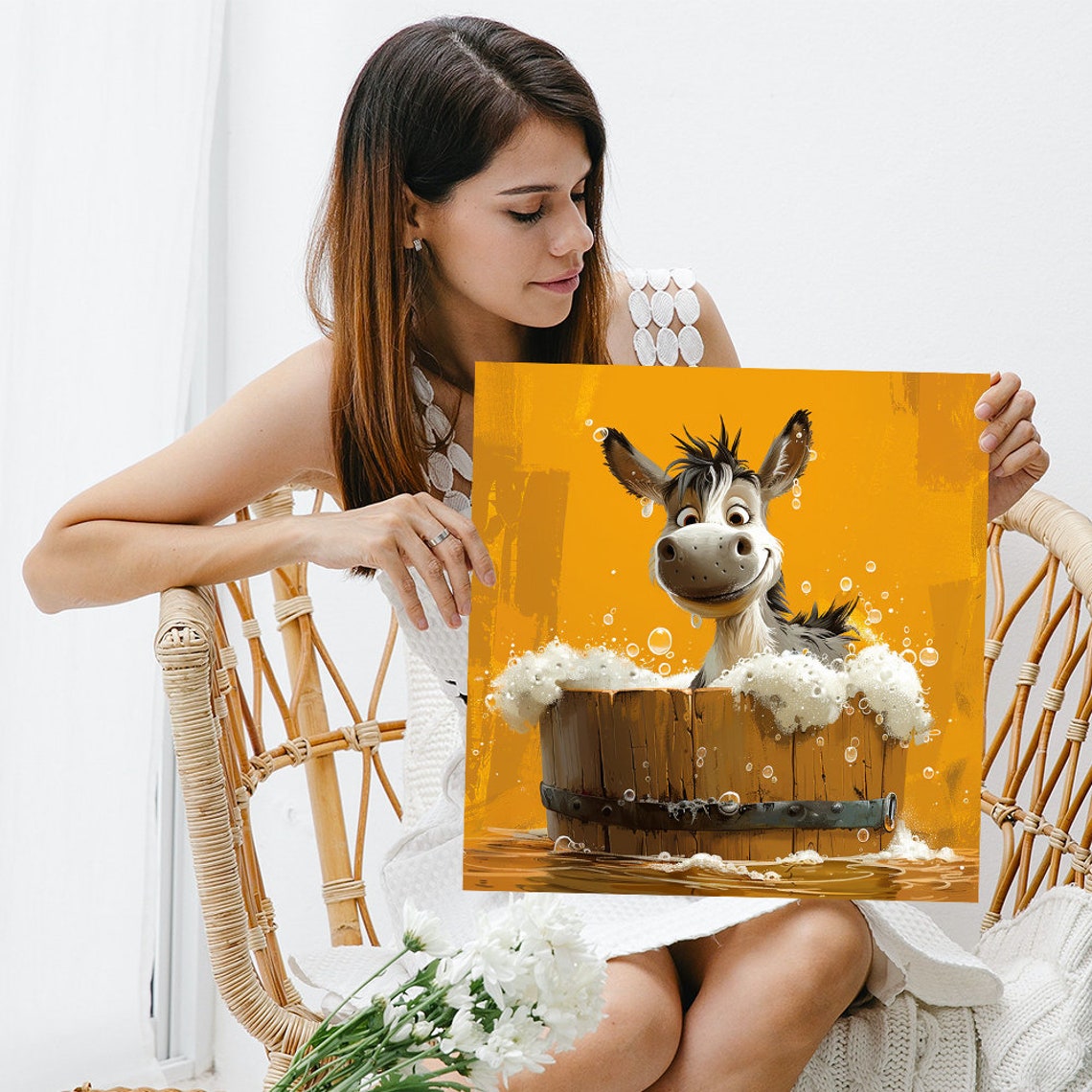 Smiling Donkey Bubble Bath Wooden Barrel Fun Bathroom Art Poster - Image 3