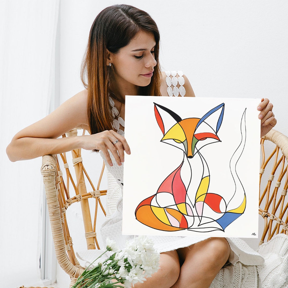 Geometric Fox Abstract Line Art Colorful Minimalist Nursery Poster - Image 3