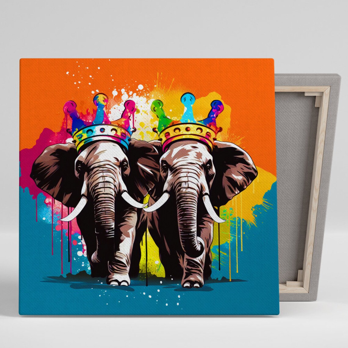 Two Crowned Elephants Rainbow Graffiti Crowns Bold Pop Art Color Splash Poster