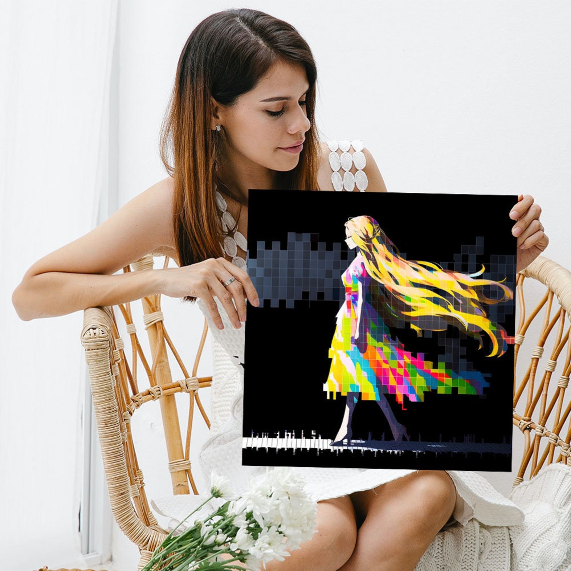 Pixel Art Girl Walking With Flowing Rainbow Hair On Black Wall Poster - Image 3