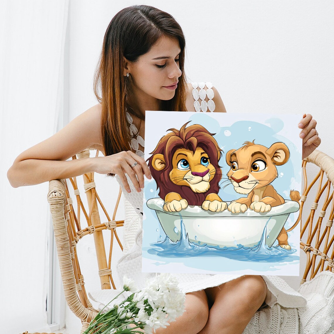 Two Lions In Bathtub Poster Cute Cartoon Lions Nursery Bathroom Wall Art - Image 3