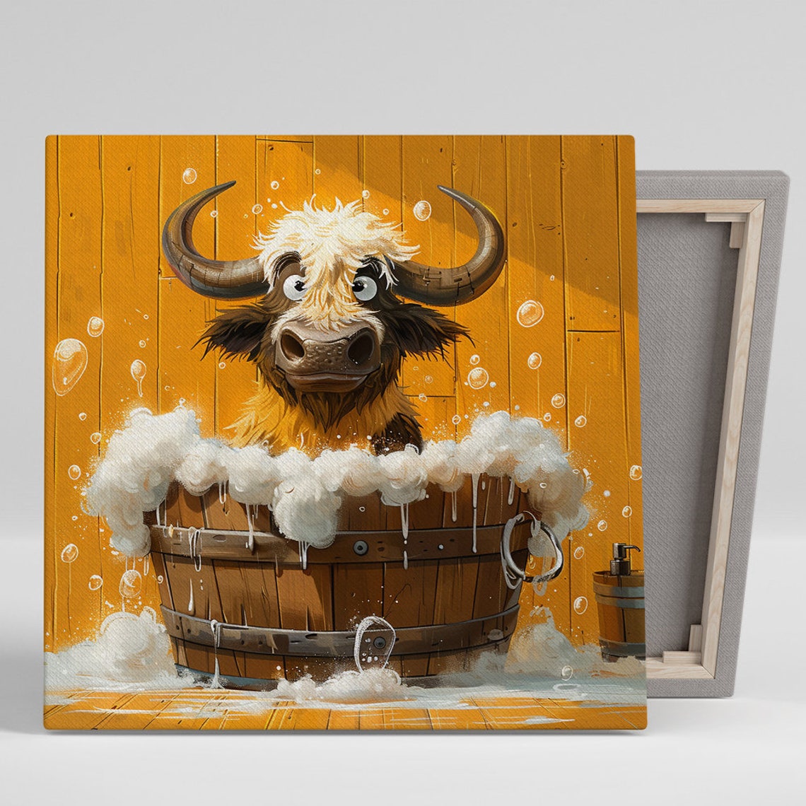 Highland Cow Bath Time Bubbly Wooden Tub Cute Cartoon Whimsical Poster