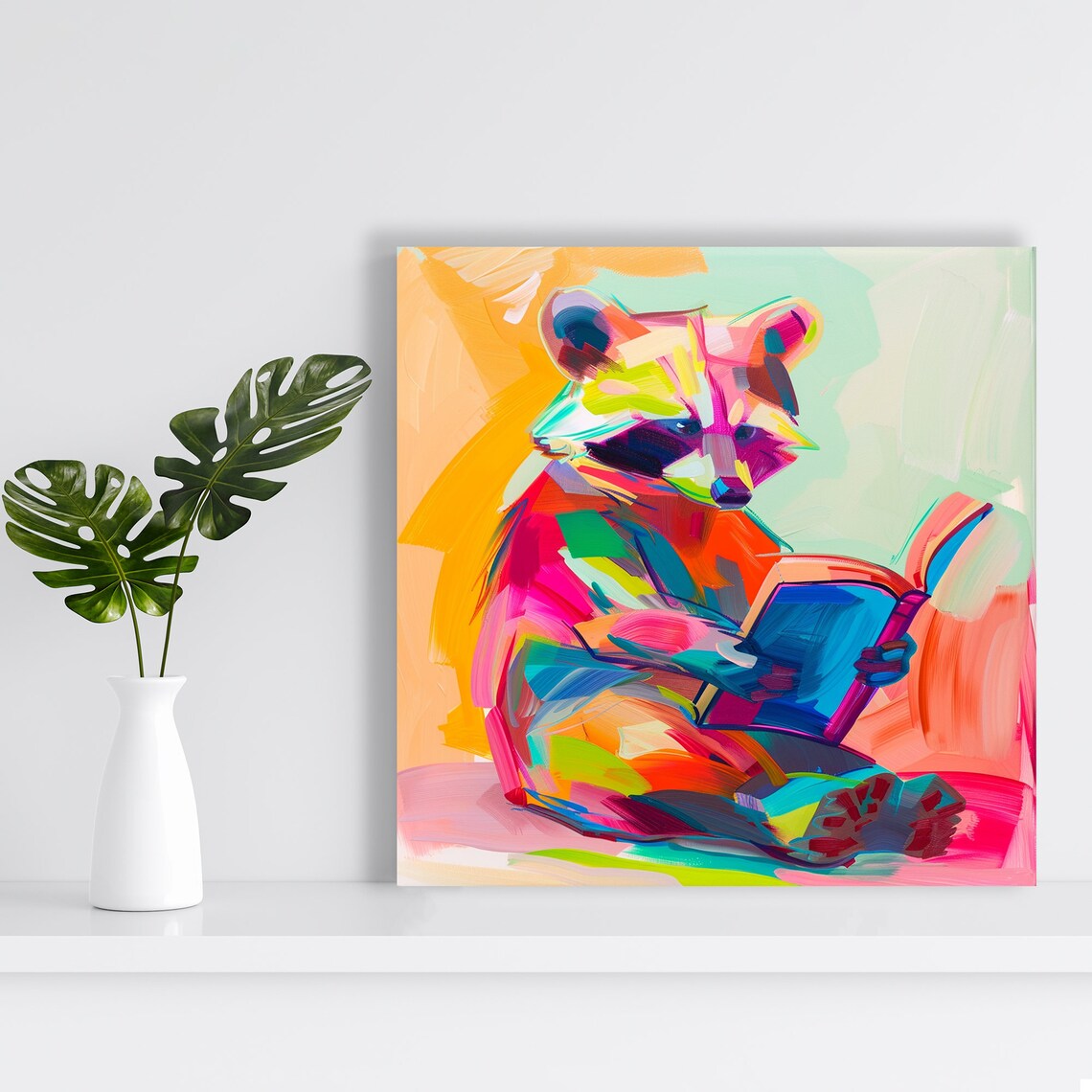 Raccoon Reading Book Multicolor Pop Art Bright Whimsical Kids Room Poster - Image 2