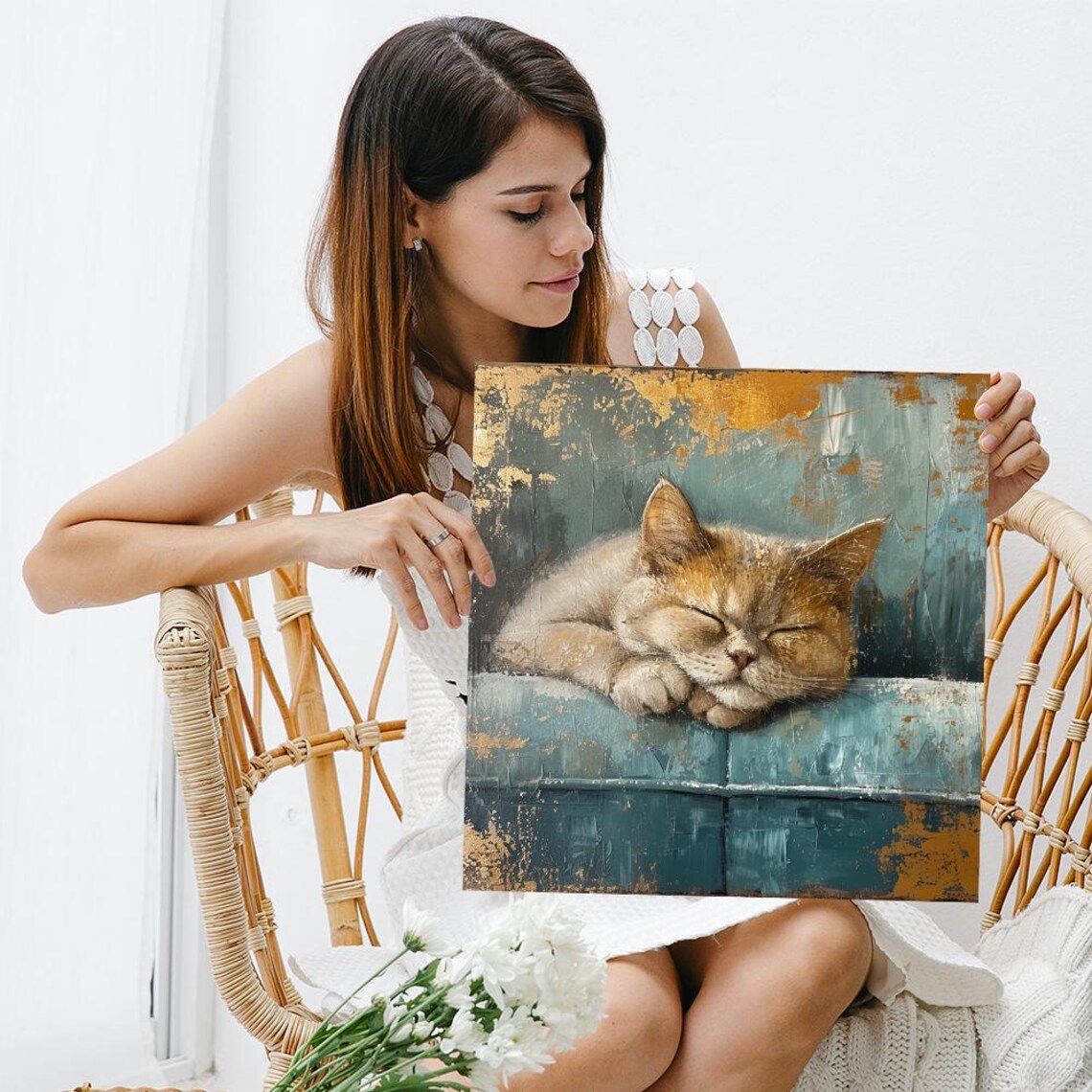 Sleepy Kitten Napping Vintage Couch Rustic Painterly Cat Wall Art Poster - Image 3