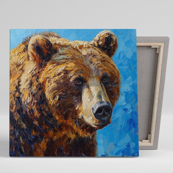 Majestic Grizzly Portrait Art Or Poster Animal Modern Decor Living Room Office Bedroom Room Wall Art Brown Blue Orange White