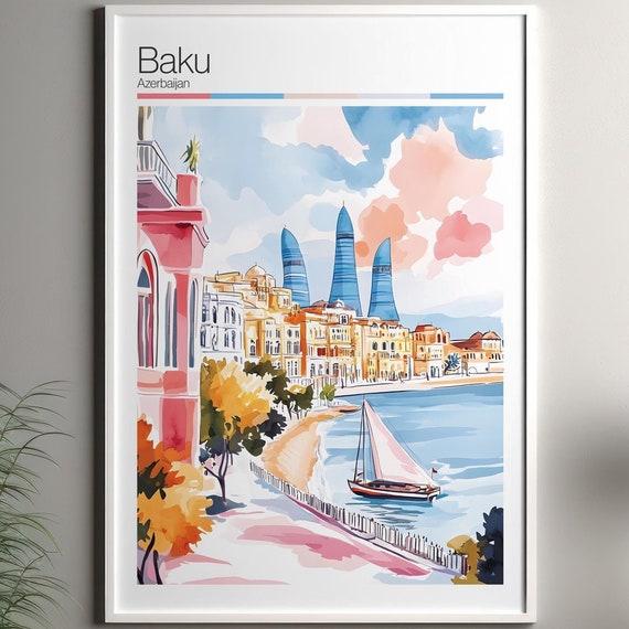 Baku Print Soft Colors Travel Poster Colourful Wall Art Azerbaijan City Decor For