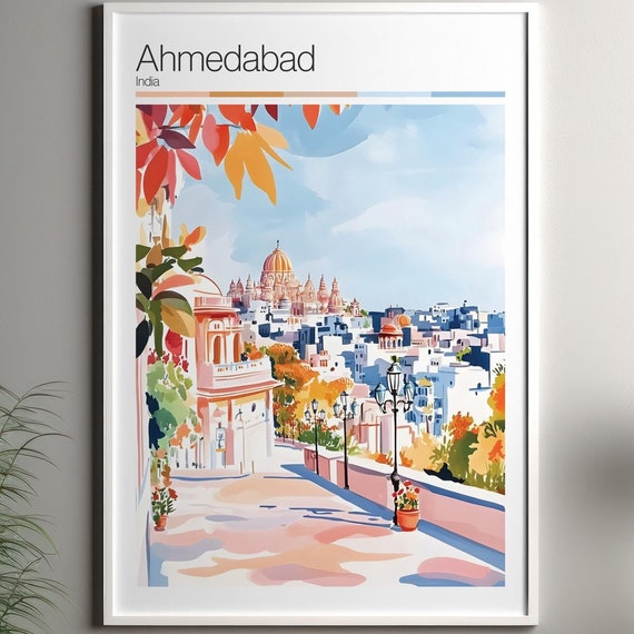 Ahmedabad Print Soft Colors Travel Poster Colourful Wall Art India City Decor For