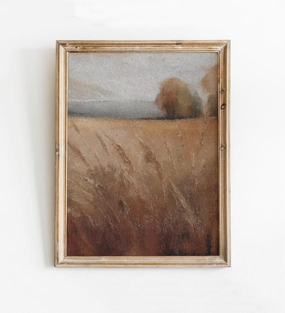Wheat Field Painting Moody Fall Print Vintage Landscape Wall Art Rustic Neutral Beige Decor Muted Autumn Hay Fields