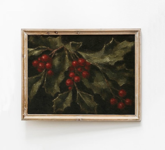 Holly Berries And Leaves Moody Winter Botanical Christmas Poster