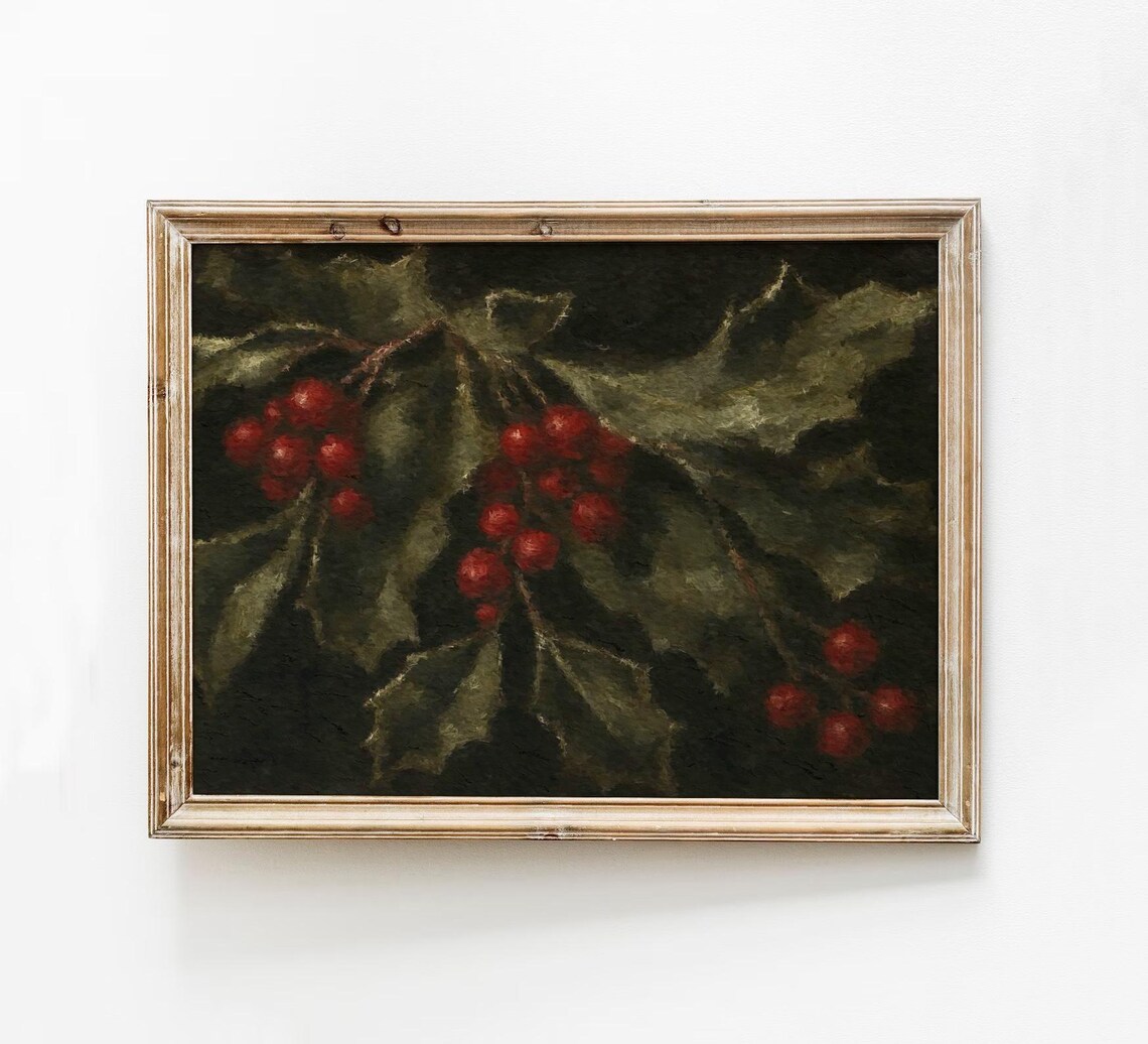 Holly Berries And Leaves Moody Winter Botanical Christmas Poster