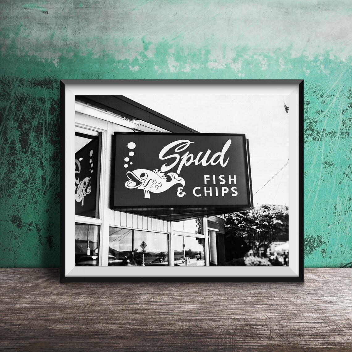Spud Fish And Chips Smiling Fish Vintage Blue Sign Photography Poster - Image 2