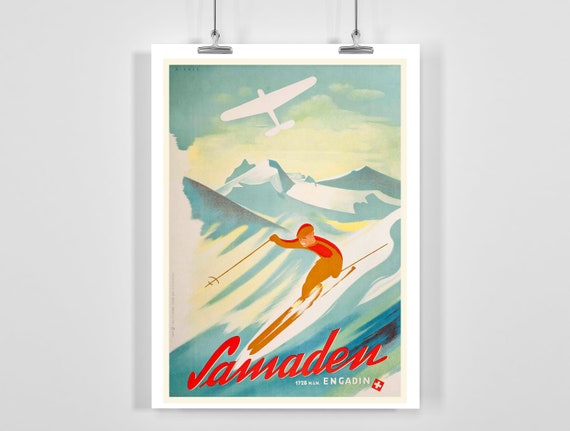 Samedan Engadin Switzerland Vintage Ski Poster Framed Unframed