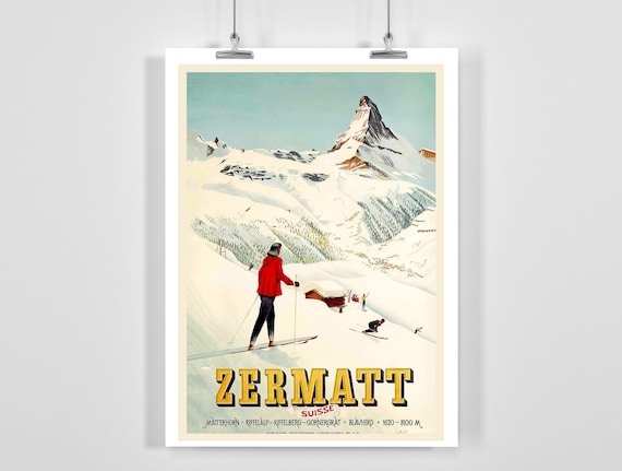 Vintage Zermatt Switzerland Ski Poster Retro Matterhorn Alpine Decor