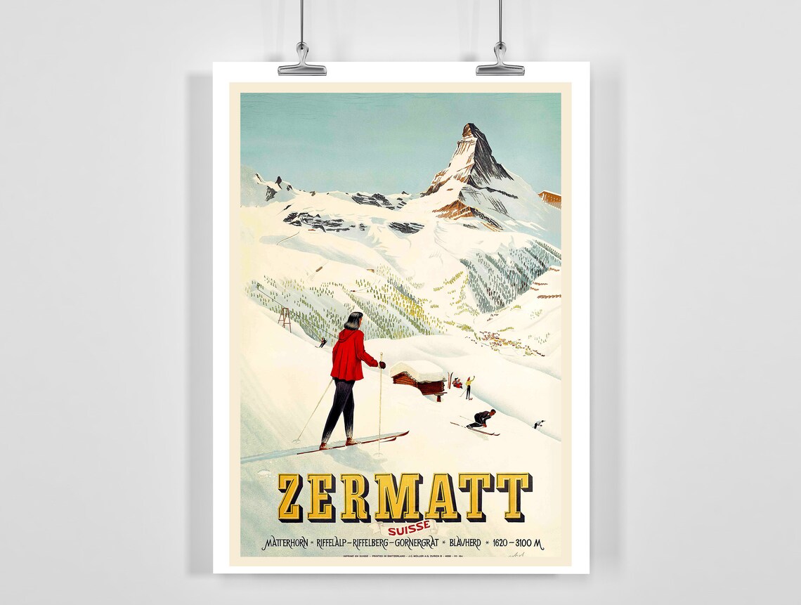 Vintage Zermatt Switzerland Ski Poster Retro Matterhorn Alpine Decor