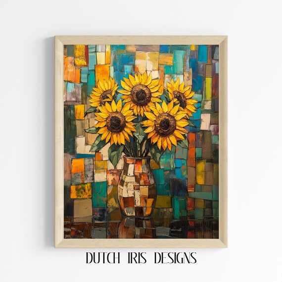 Cubist Sunflower Bouquet Painting Abstract Wall Art Colorful Nature Decor Modern Floral Geometric 613