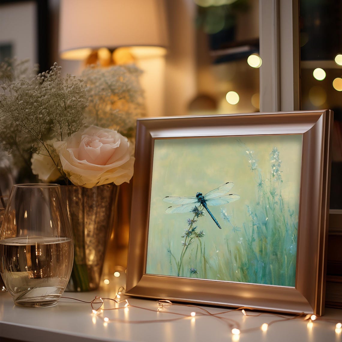Blue Dragonfly On Wildflowers Soft Meadow Nature Oil Painting Poster - Image 3