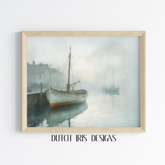 Misty Harbor With Wooden Boats Nautical Wall Art Moody Coastal Scene Rustic Sea Decor Early Morning Atmosphere 569
