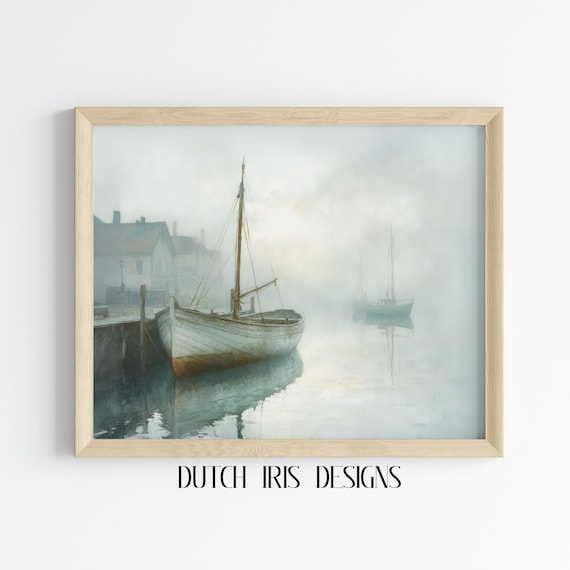 Misty Harbor Wooden Boats Moody Nautical Coastal Painting Poster