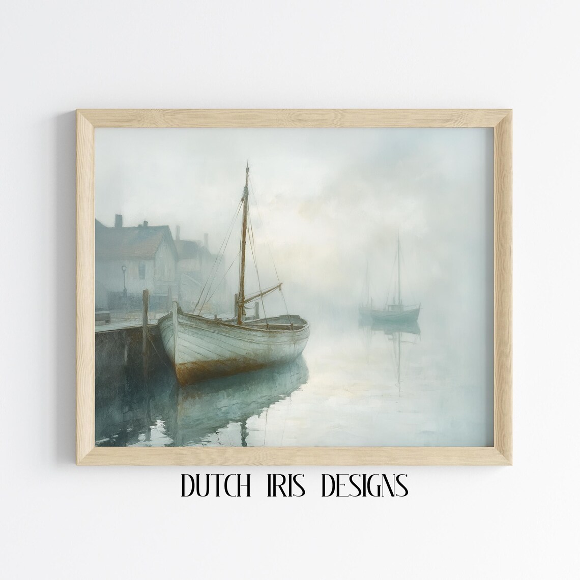 Misty Harbor Wooden Boats Moody Nautical Coastal Painting Poster