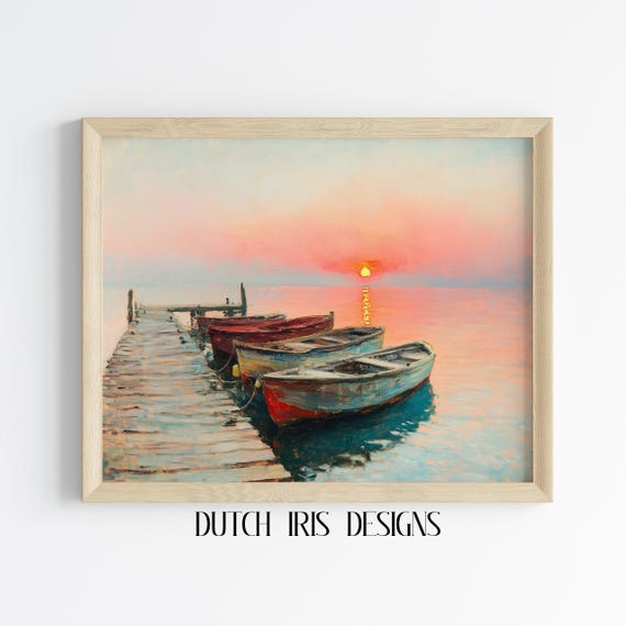 Serene Sunrise Over Lake With Boats Tranquil Morning Rustic Wall Art Peaceful Water Scene Landscape Decor 574