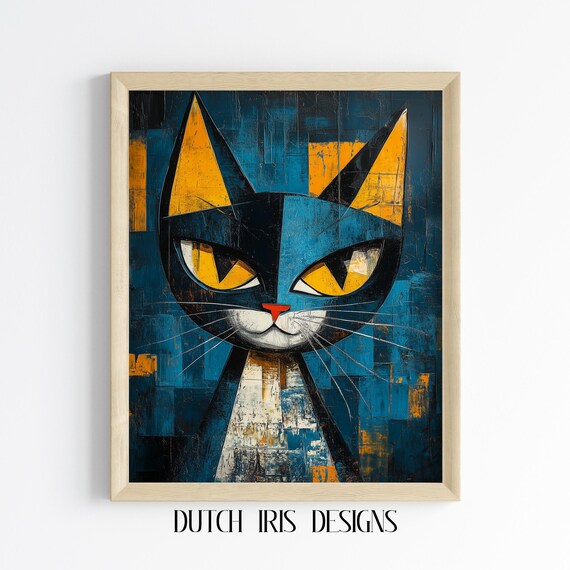 Abstract Cat Portrait In Cubist Style Modern Art Unique Wall Bold Geometric Design Decor 616