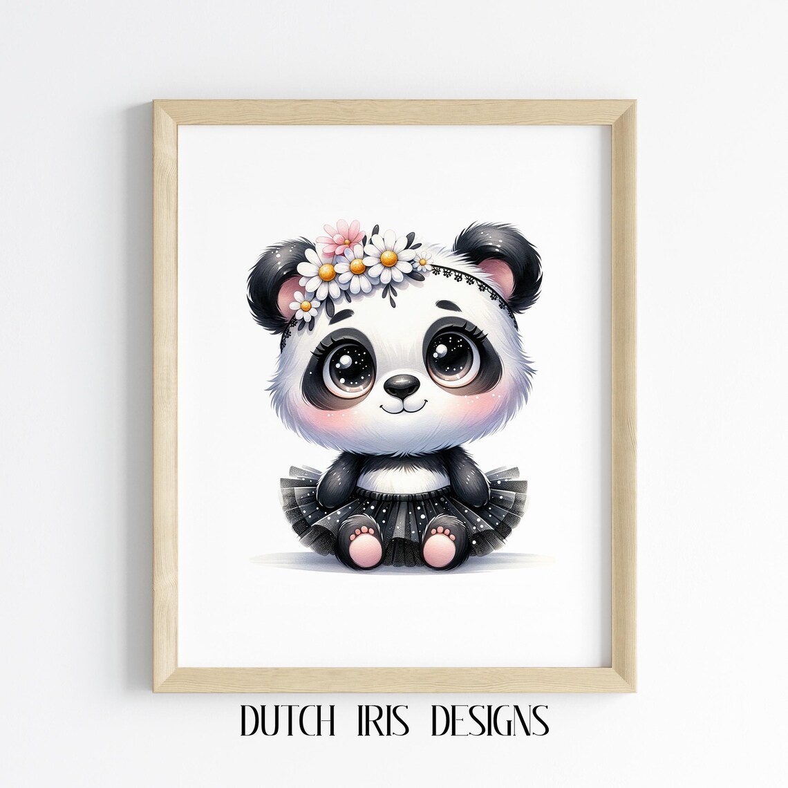 Cute Baby Panda In Black Polka Dot Tutu With Daisy Crown Nursery Art Poster