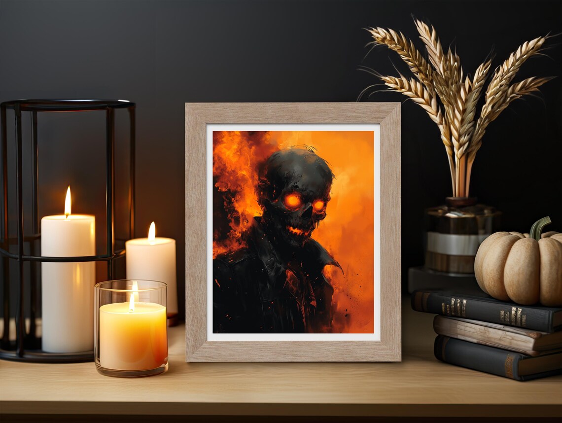 Flaming Skull Portrait With Glowing Eyes Dark Horror Halloween Poster - Image 3