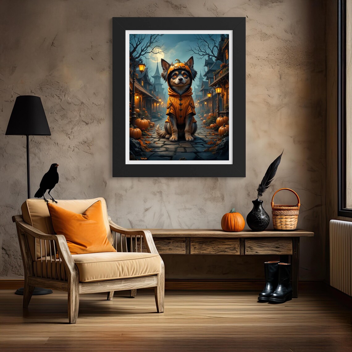 Halloween Dog in Pumpkin Costume Cozy Fall Night Scene Poster - Image 4