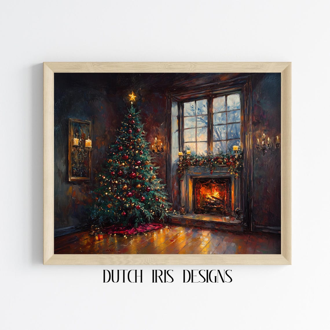 Christmas Tree by a Crackling Fireplace on a Snowy Night Poster