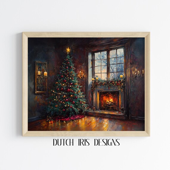 Christmas Tree by a Crackling Fireplace on a Snowy Night Poster