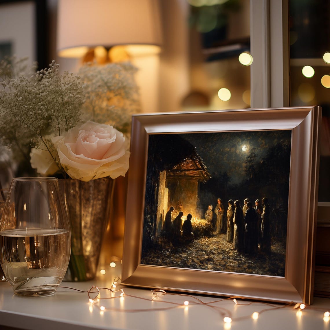 Nativity Scene Manger at Night Lit by Warm Candlelight Poster - Image 3