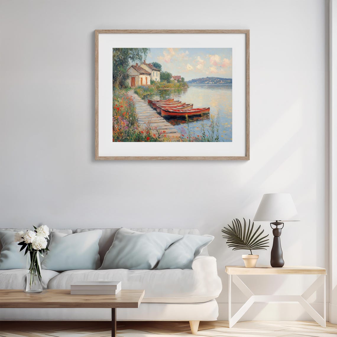 Tranquil Lakeside with Boats Impressionist Landscape Art Poster - Image 4