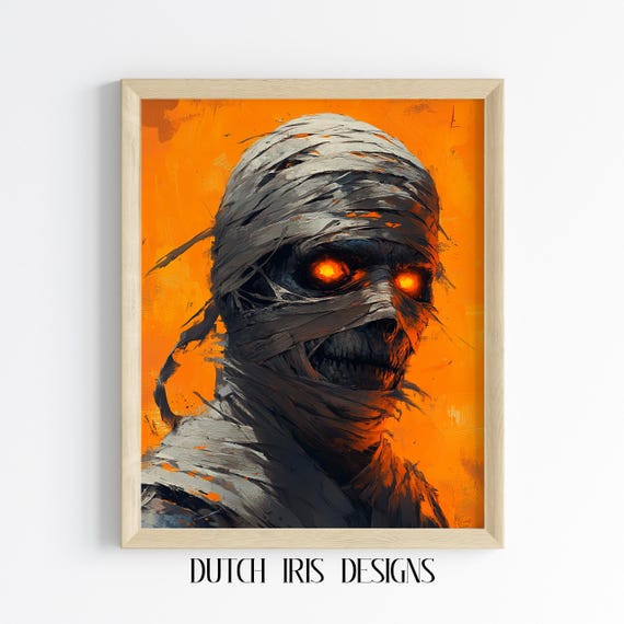 Mummy Portrait Art Moody Halloween Decor Vibrant Orange Background Anime Style Gothic Wall Print 433