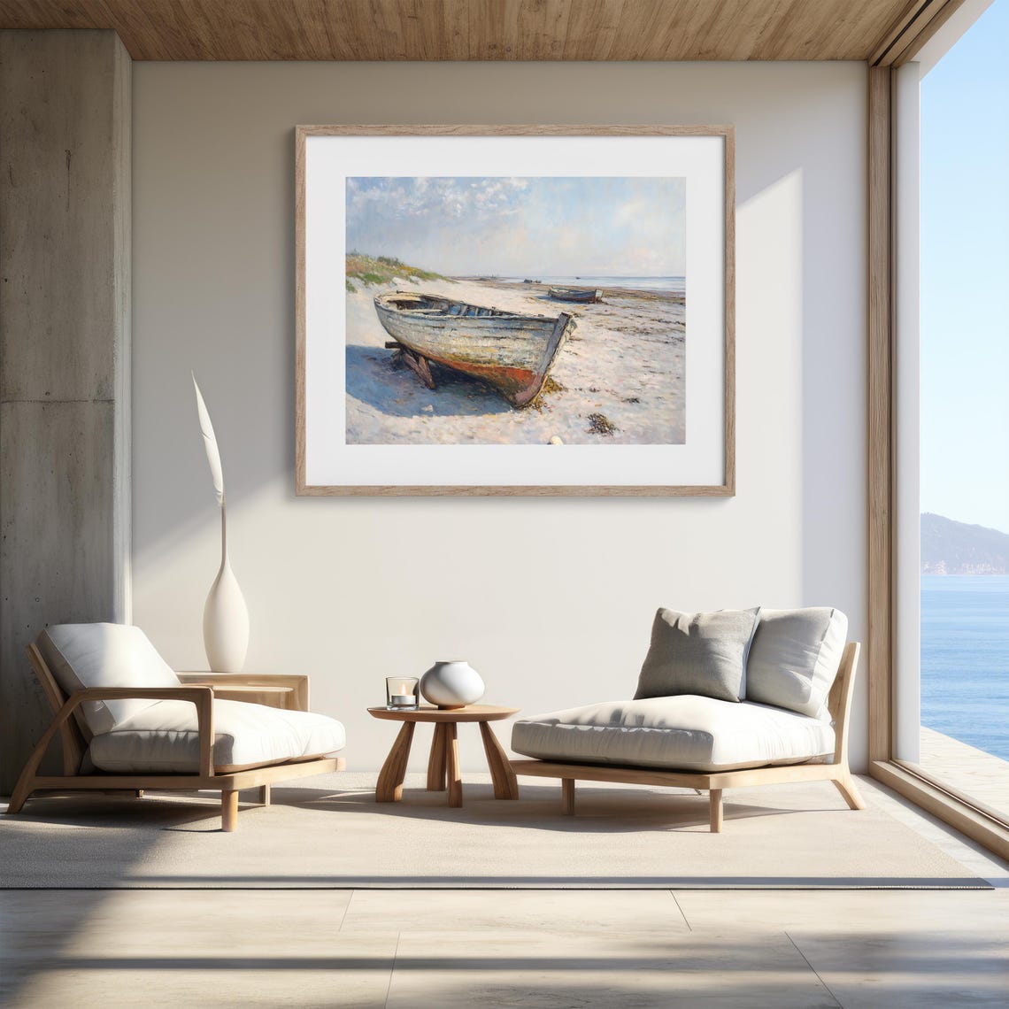 Tranquil Beach Scene Abandoned Boat Rustic Coastal Art Poster - Image 2