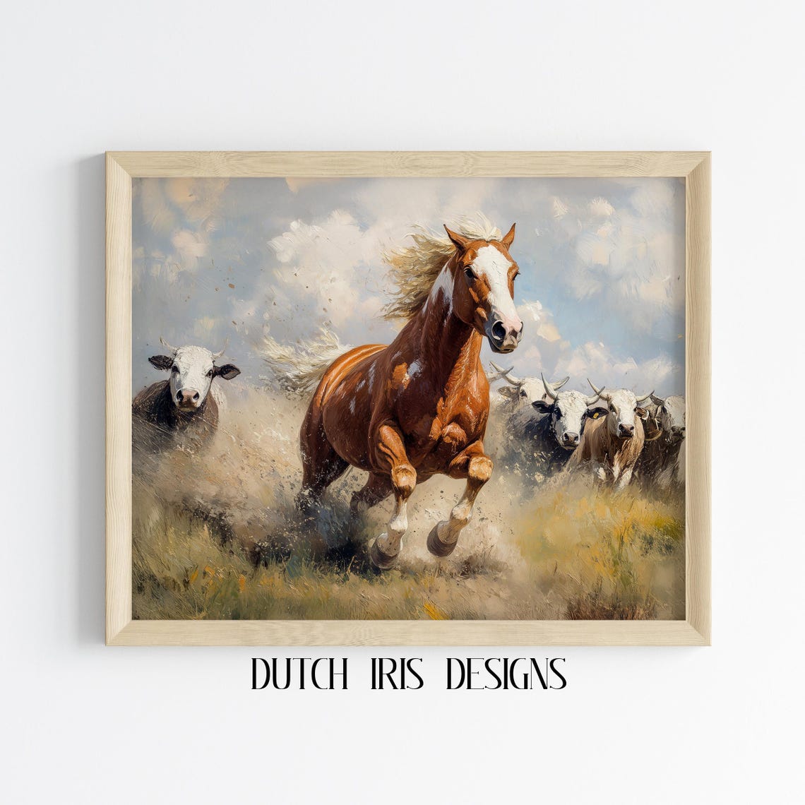 Chestnut Horse Galloping Beside Cattle Western Ranch Action Poster