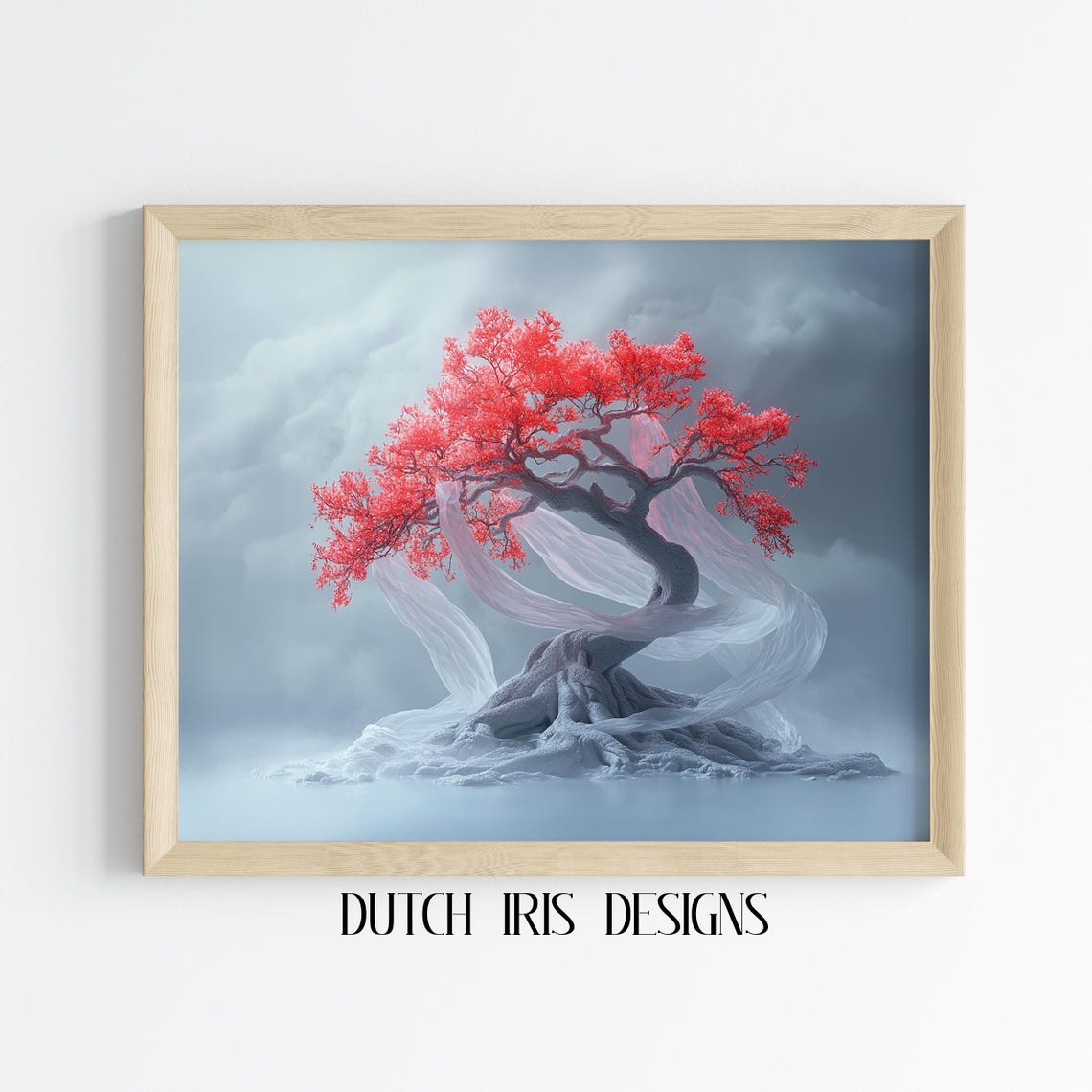 Crimson Leaf Bonsai Tree Wrapped In Flowing White Silk Art Poster